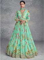 Real Chinnon Teal Wedding Wear Printed Readymade Gown With Dupatta